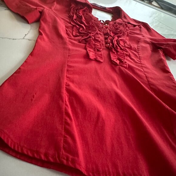 Kularium | Blouse | Small | Red | Ruffled Dress Shirt Top, Slight Stretch - Picture 4 of 9